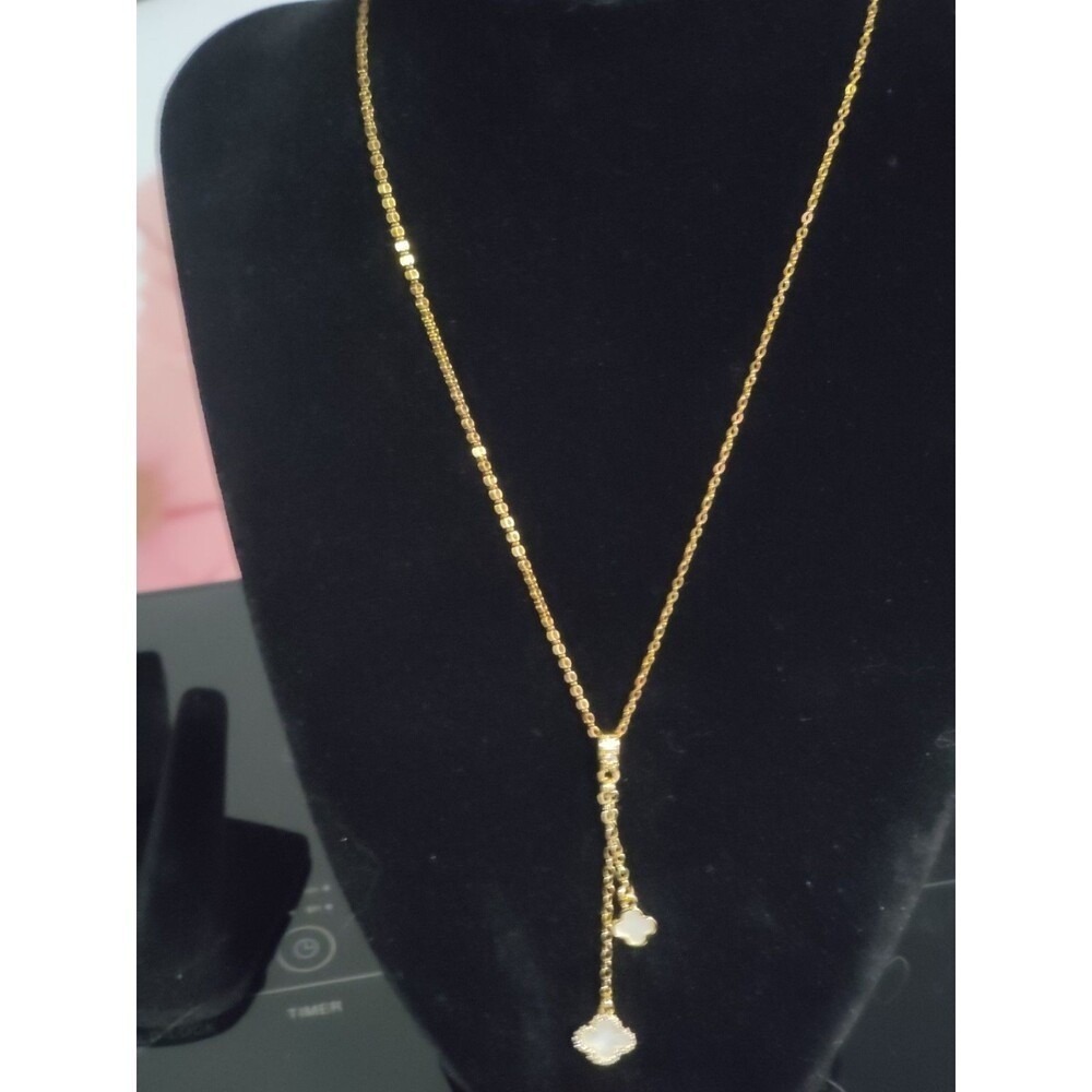 Gold Tone Lariat Necklace White Clover Quatrefoil Mother of Pearl Style Charms